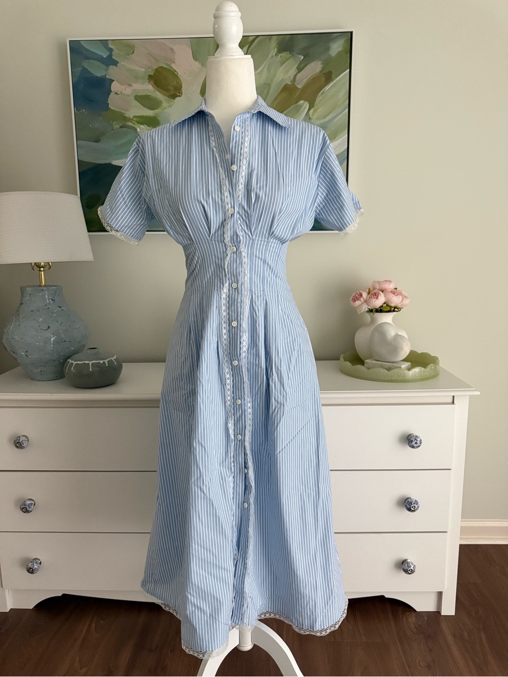 J. Crew Light Blue & White Striped Midi Shirt Dress
